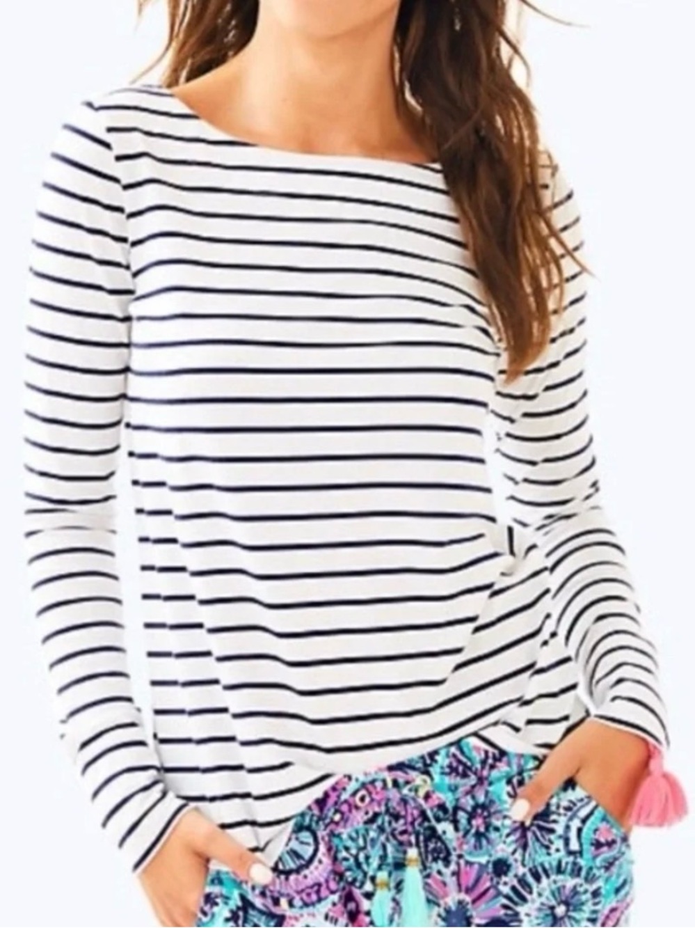 Lily Pulitzer Women's White and Navy Striped Long-Sleeve Top